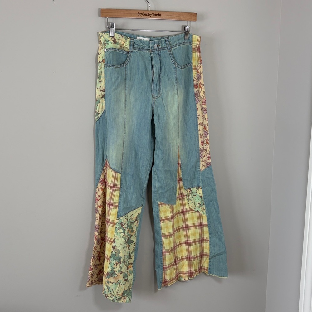 Anthropologie Pilcro The Adi Mid Rise Relaxed Flare Jeans Patchwork Sz 30 NEW - Picture 4 of 14